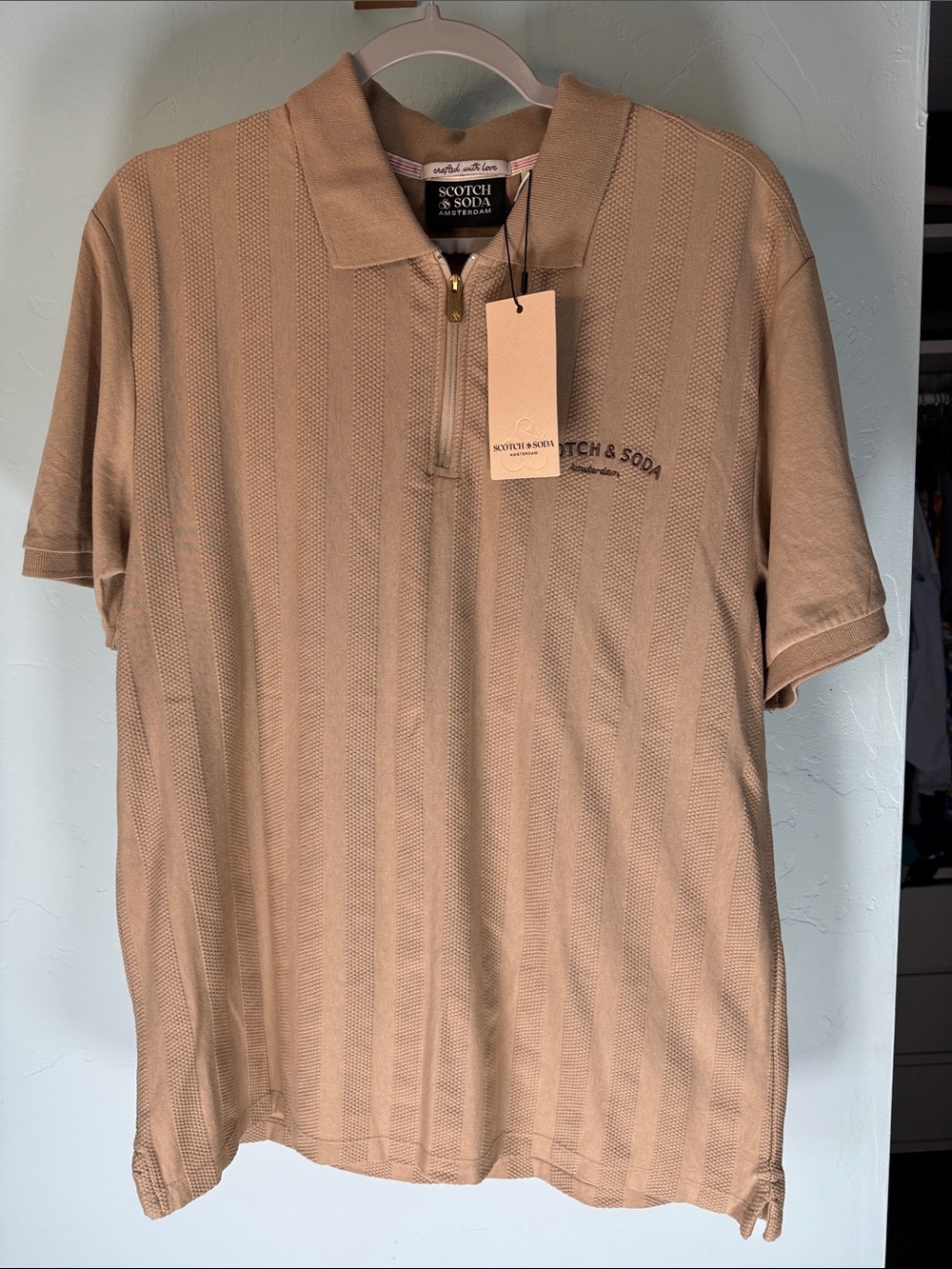 Scotch & Soda Short Sleeve Polo in Light Tan with Zip Placket